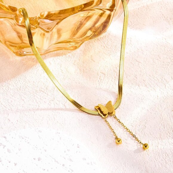 Elegant 14K Gold Butterfly Necklace with Tassels - Stackable Herringbone Design - Picture 5 of 5